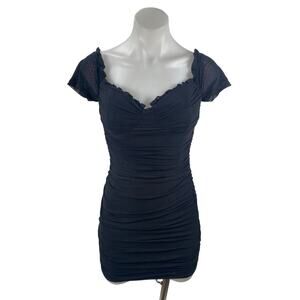 Windsor Black Mesh Ruched Sweetheart Ruffled Cap Sleeve Mini Bodycon Dress Sz S